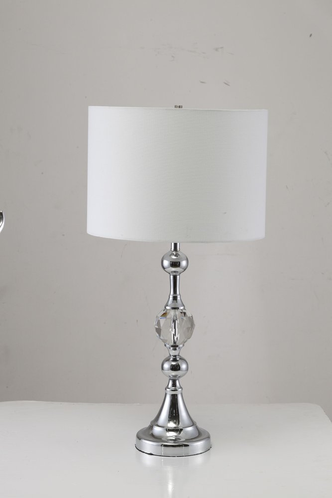 30" Silver Metal Bedside Table Lamp With White Classic Drum Shade. Table lamp isolated on a plain white background, showing a silver metal surface.