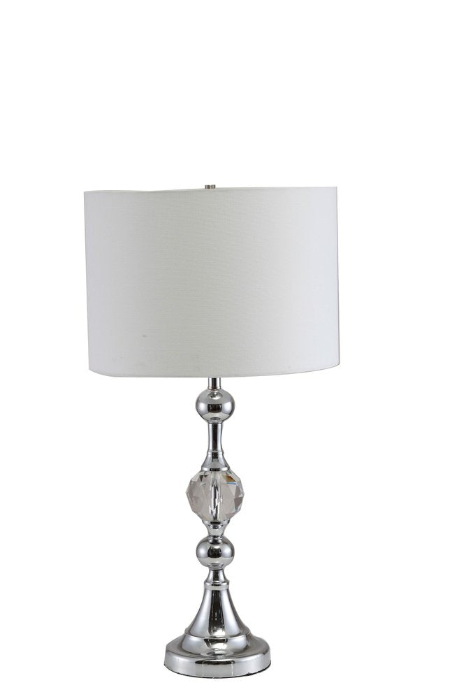 30" Silver Metal Bedside Table Lamp With White Classic Drum Shade. Table lamp isolated on a plain white background, finished in silver metal.