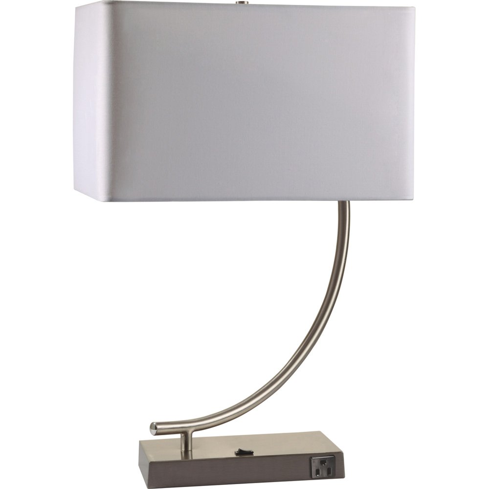 23" Silver Curved Table Lamp With White Rectangle Shade. Table lamp isolated on a plain white background, in a silver finish.