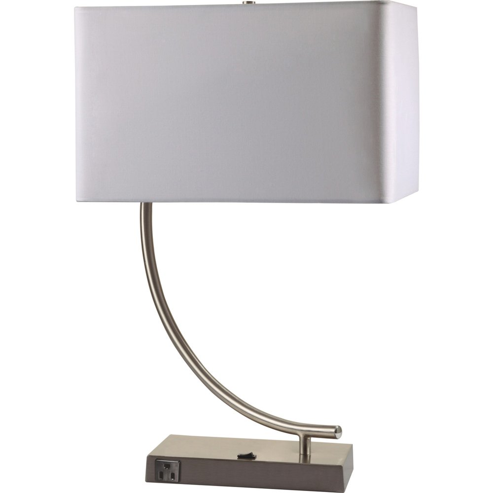 23" Silver Curved Table Lamp With White Rectangle Shade. Table lamp isolated on a plain white background, showing its silver color.
