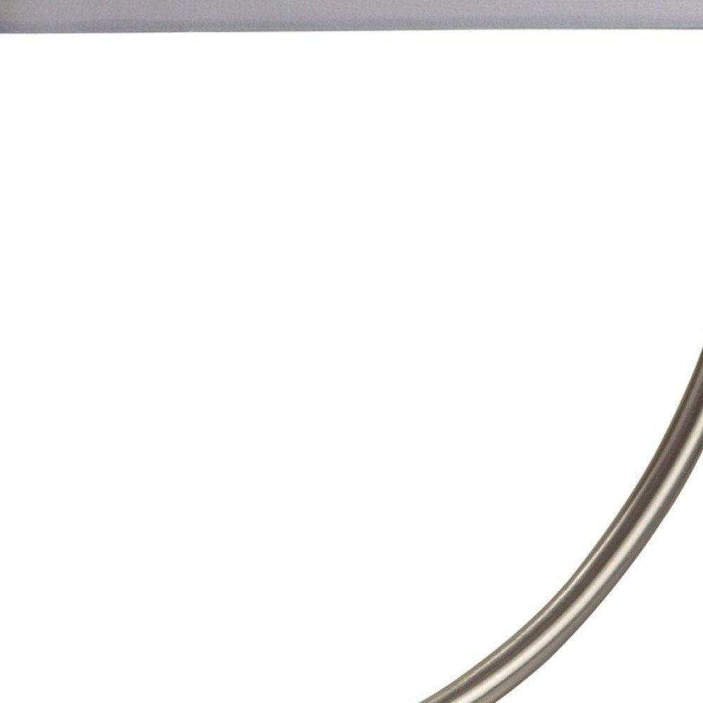 23" Silver Curved Table Lamp With White Rectangle Shade. Table lamp isolated on a plain white background, in a silver finish.