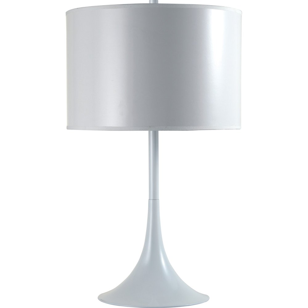 25" White Metal Table Lamp With White Classic Drum Shade. Table lamp isolated on a plain white background, finished in white metal.
