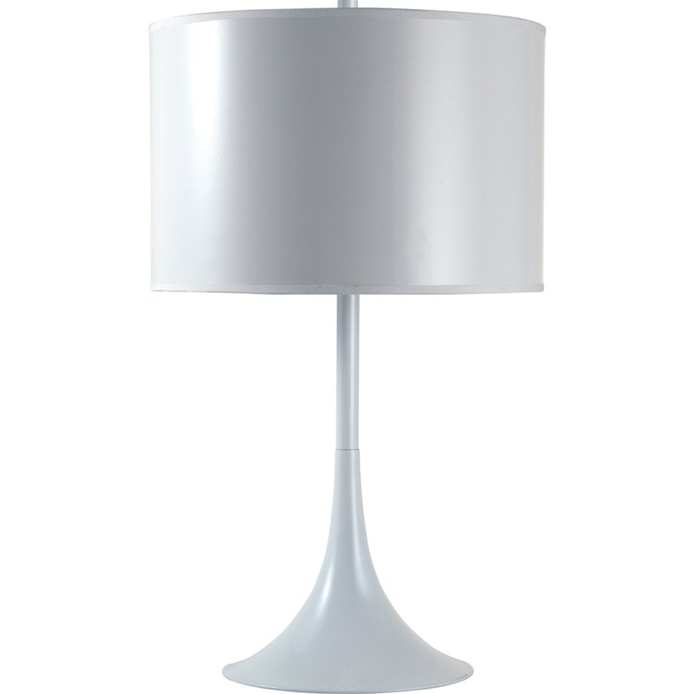 25" White Metal Table Lamp With White Classic Drum Shade. Table lamp isolated on a plain white background, in a white metal finish.