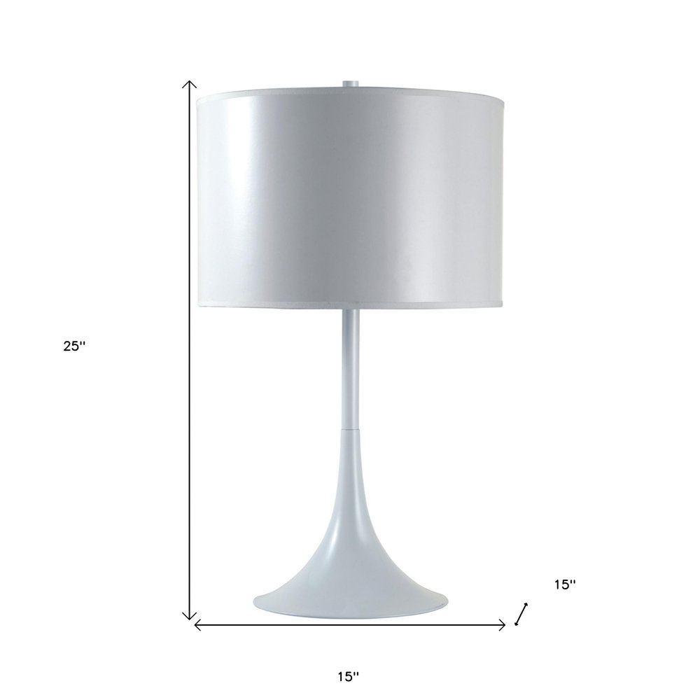 25" White Metal Table Lamp With White Classic Drum Shade. Table lamp isolated on a plain white background, finished in white metal.