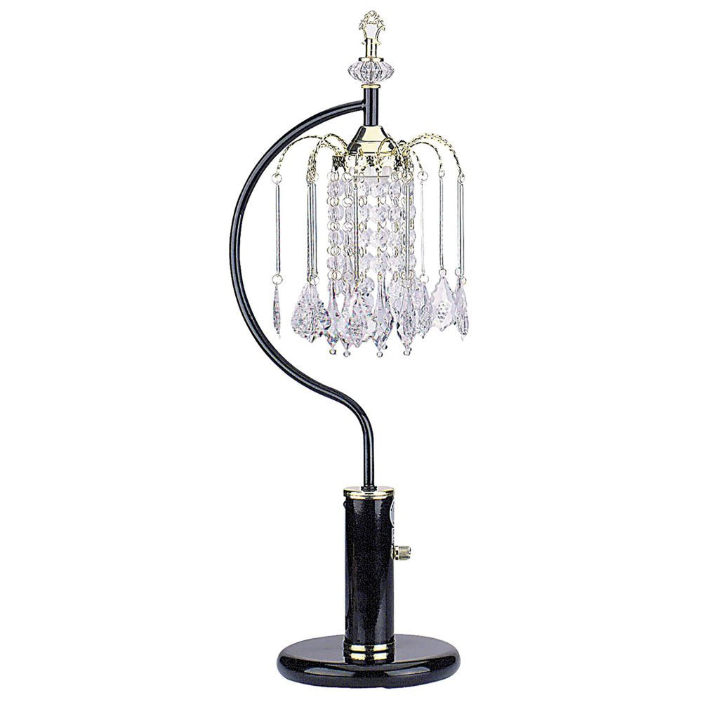 27" Black and Gold Metal Faux Crystal Chandelier Table Lamp. Chandelier isolated on a plain white background, showing a crystal surface.
