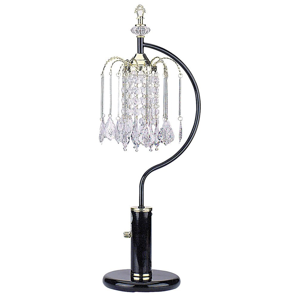 27" Black and Gold Metal Faux Crystal Chandelier Table Lamp. Chandelier isolated on a plain white background, showing a crystal surface.