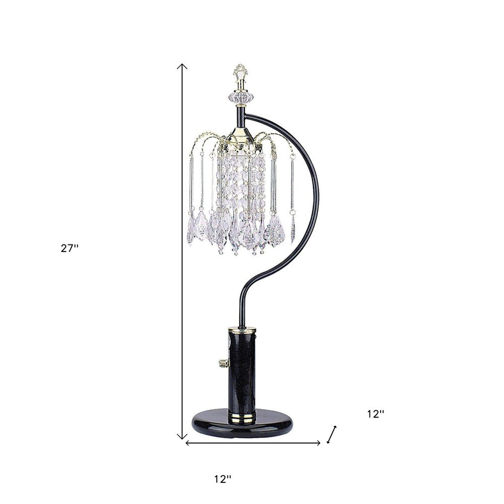 27" Black and Gold Metal Faux Crystal Chandelier Table Lamp. Chandelier isolated on a plain white background, showing a black crystal surface.