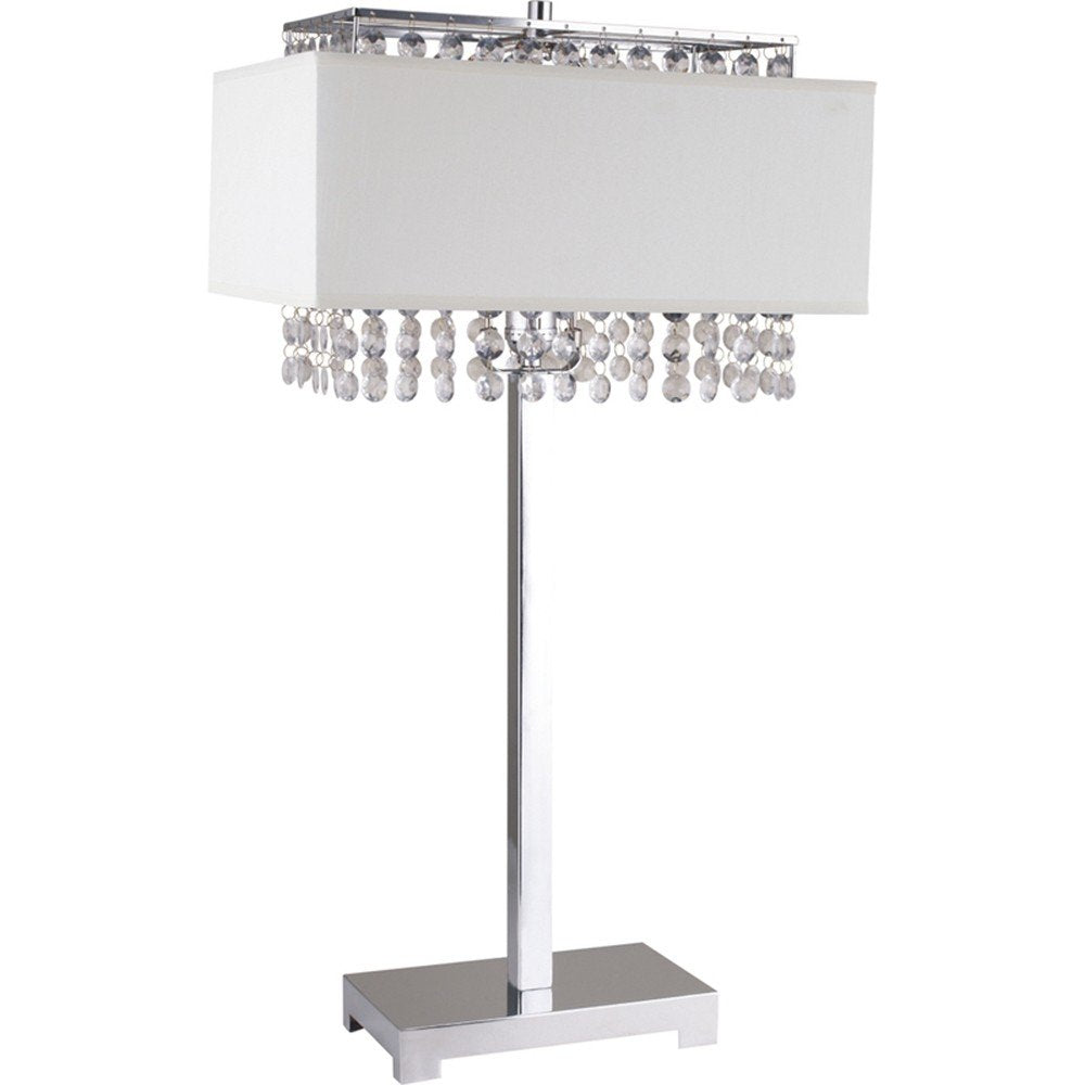 28" Silver Table Lamp With Faux Crystals and White Rectangle Shade. Table lamp isolated on a plain white background, finished in silver crystal.
