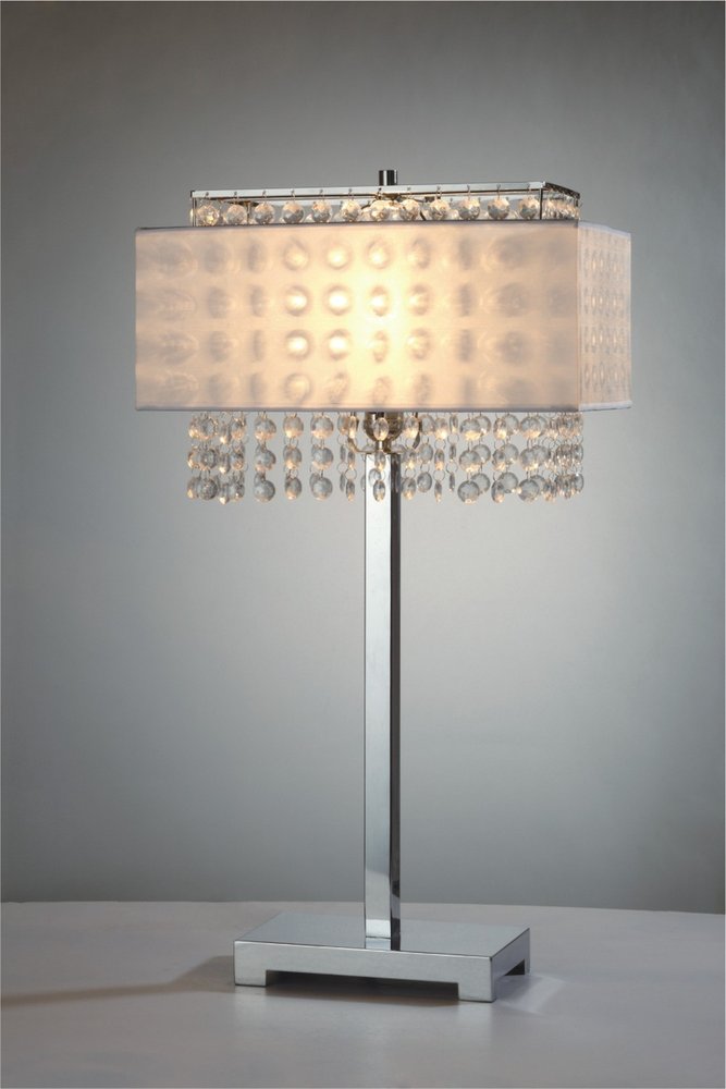 28" Silver Table Lamp With Faux Crystals and White Rectangle Shade. Table lamp in silver crystal.