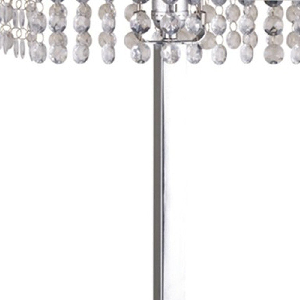 28" Silver Table Lamp With Faux Crystals and White Rectangle Shade. Table lamp isolated on a plain white background, in a silver crystal finish.