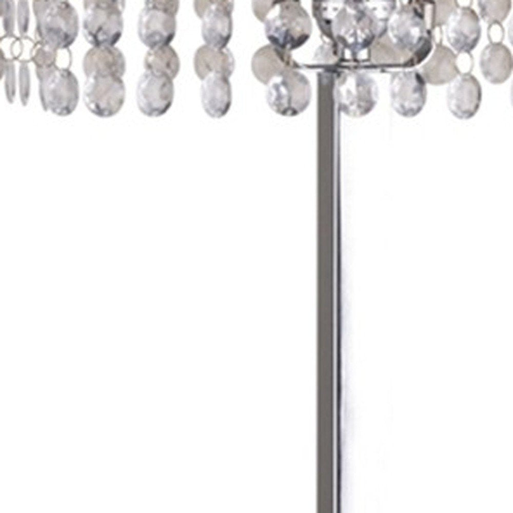 28" Silver Table Lamp With Faux Crystals and White Rectangle Shade. Table lamp isolated on a plain white background, finished in silver crystal.