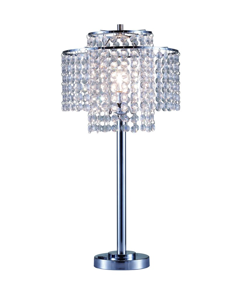 26" Silver Glam Two Tier Chandelier USB Table Lamp. Chandelier isolated on a plain white background, finished in silver.
