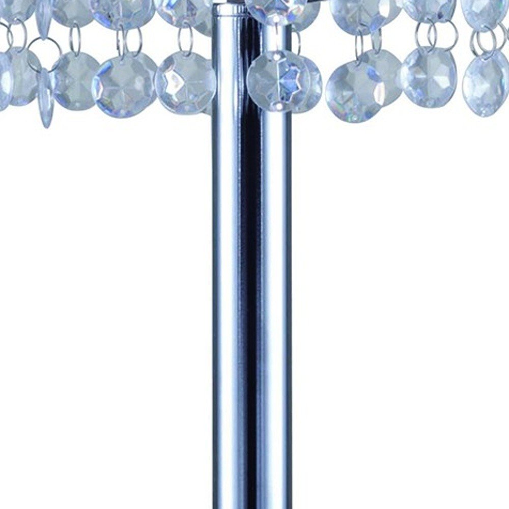 26" Silver Glam Two Tier Chandelier USB Table Lamp. Chandelier isolated on a plain white background.