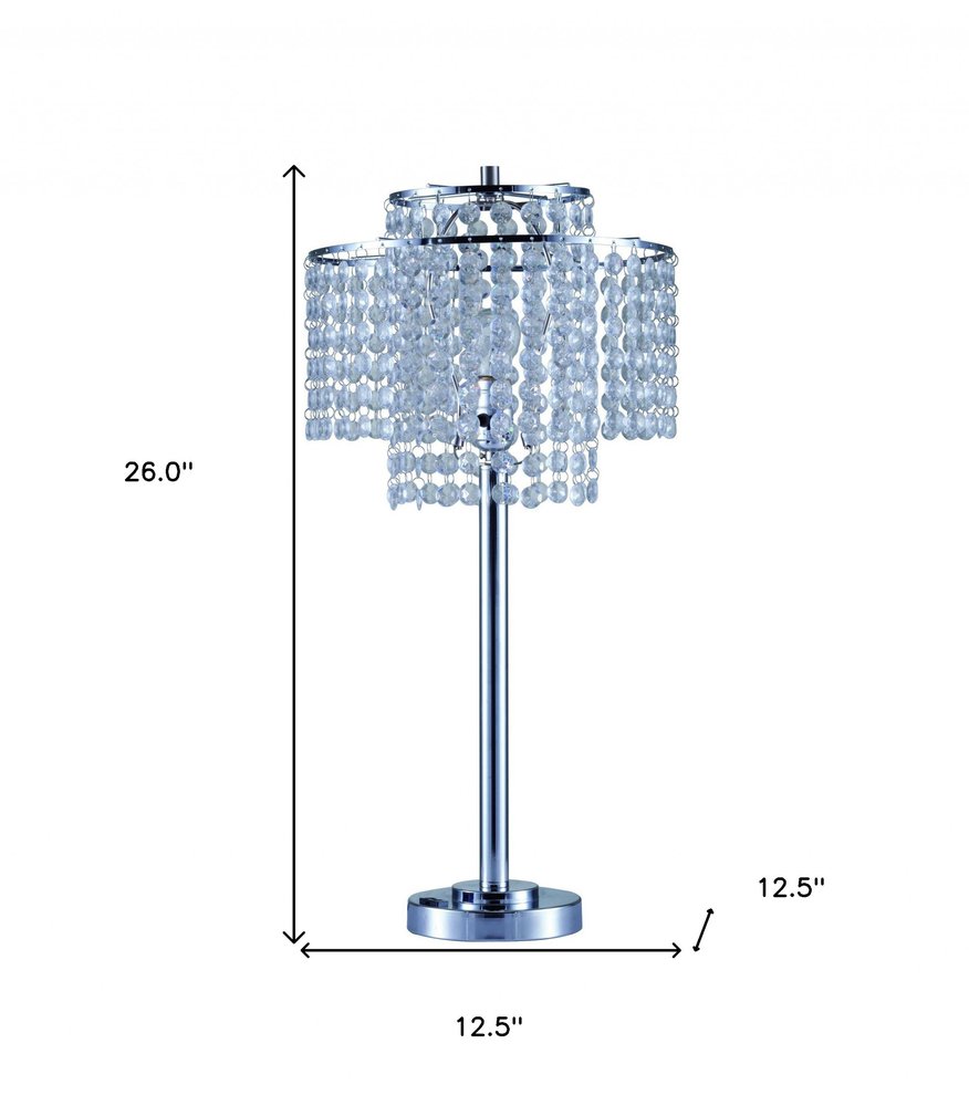 26" Silver Glam Two Tier Chandelier USB Table Lamp. Chandelier isolated on a plain white background, in a silver finish.