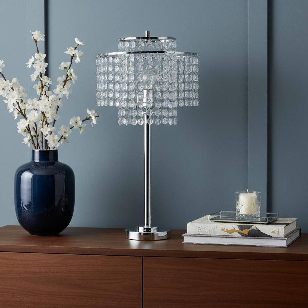 26" Silver Glam Two Tier Chandelier USB Table Lamp shown outdoors on an outdoor setting.