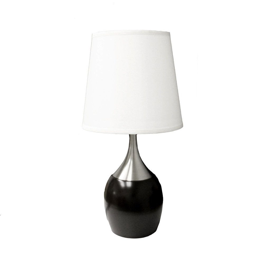 25" Black and Silver Gourd Table Lamp With White Tapered Drum Shade. Table lamp isolated on a plain white background, finished in silver.