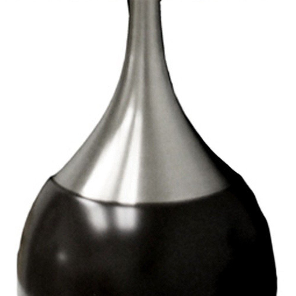 25" Black and Silver Gourd Table Lamp With White Tapered Drum Shade. Table lamp isolated on a plain white background, finished in silver.