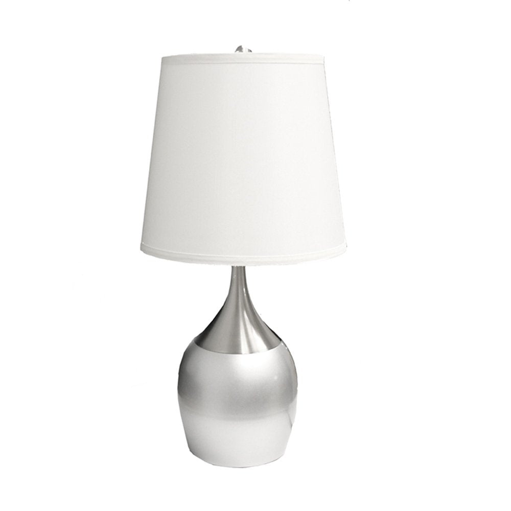 25" Silver Metal Gourd Table Lamp With White Tapered Drum Shade. Table lamp isolated on a plain white background, showing a silver metal surface.