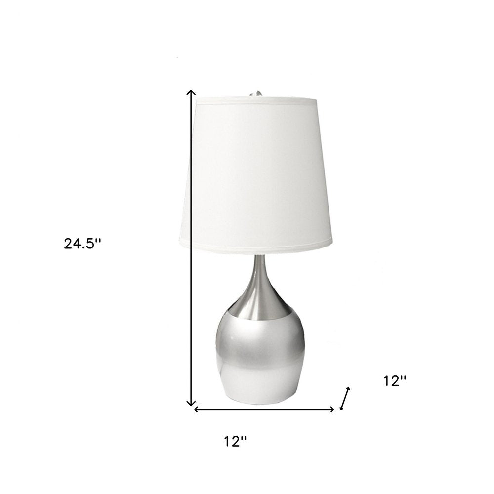 25" Silver Metal Gourd Table Lamp With White Tapered Drum Shade. Table lamp isolated on a plain white background, in a silver metal finish.
