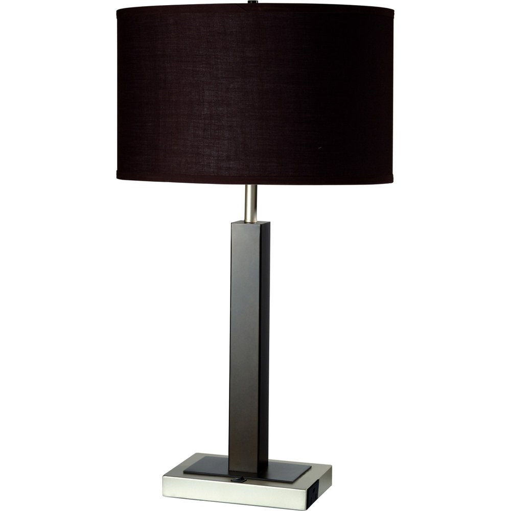 30" Black Polyresin Table Lamp With Brown Classic Drum Shade. Table lamp isolated on a plain white background, in a black resin finish.
