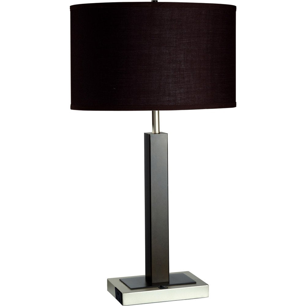 30" Black Polyresin Table Lamp With Brown Classic Drum Shade. Table lamp isolated on a plain white background, finished in black resin.