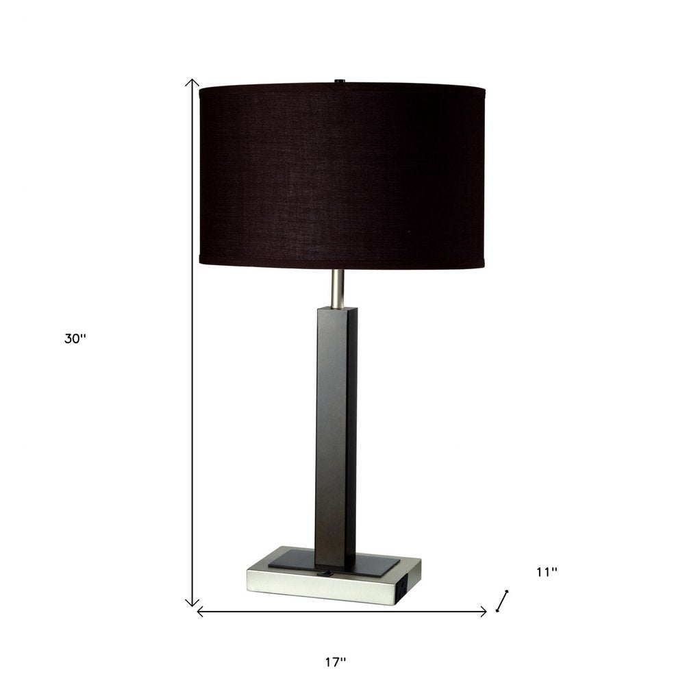 30" Black Polyresin Table Lamp With Brown Classic Drum Shade. Table lamp isolated on a plain white background, showing a black resin surface.