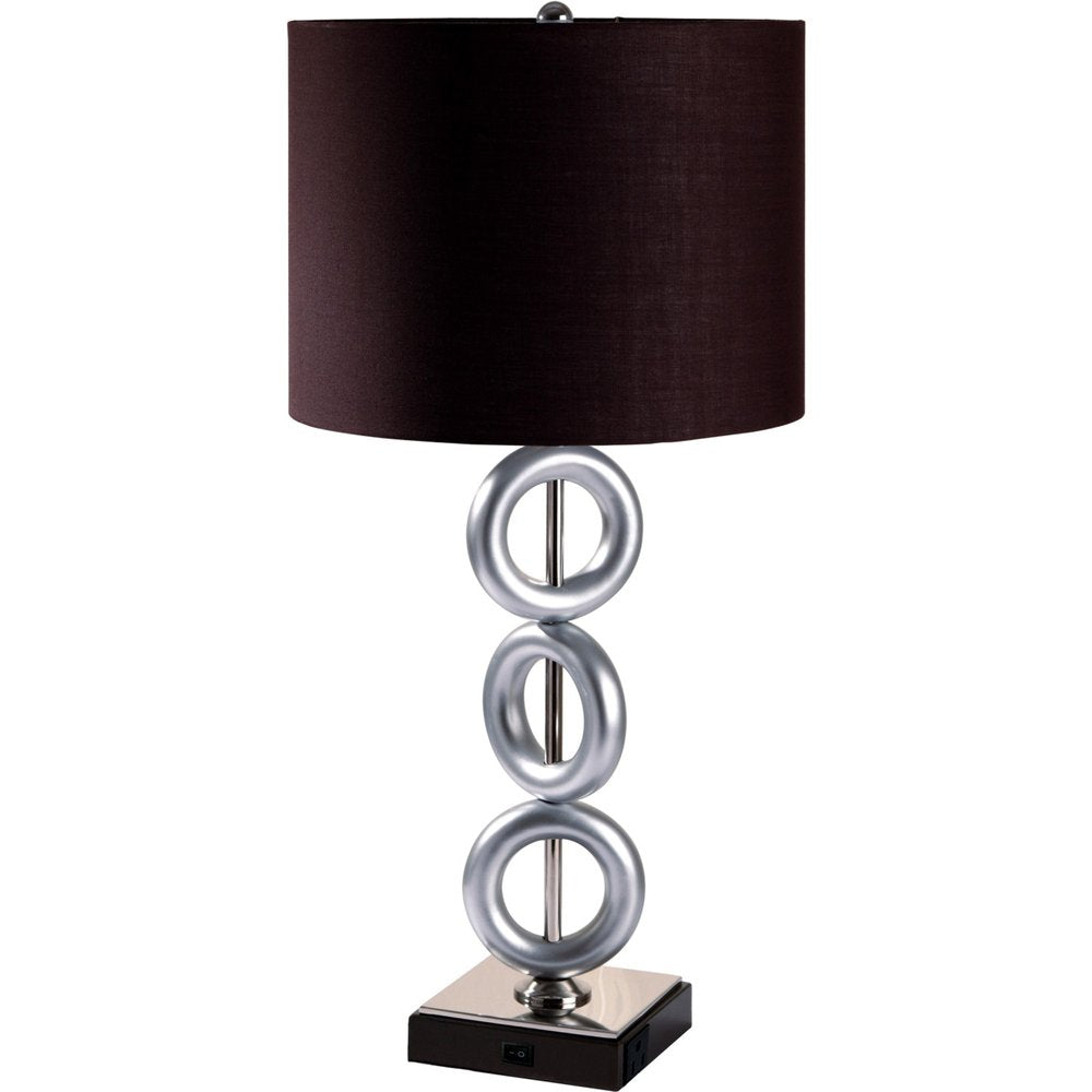 29" Silver Ceramic Geometric Table Lamp With Brown Classic Drum Shade. Table lamp isolated on a plain white background, in a silver ceramic finish.