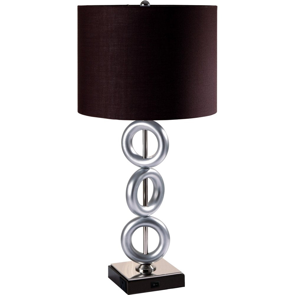 29" Silver Ceramic Geometric Table Lamp With Brown Classic Drum Shade. Table lamp isolated on a plain white background, finished in silver ceramic.