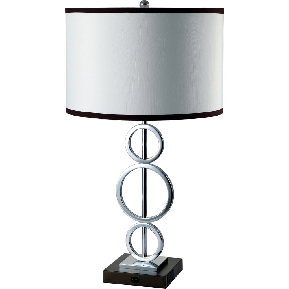 29" Silver Metal Bedside Geo Table Lamp With White and Black Trim Classic Drum Shade. Table lamp isolated on a plain white background, showing a silver metal surface.