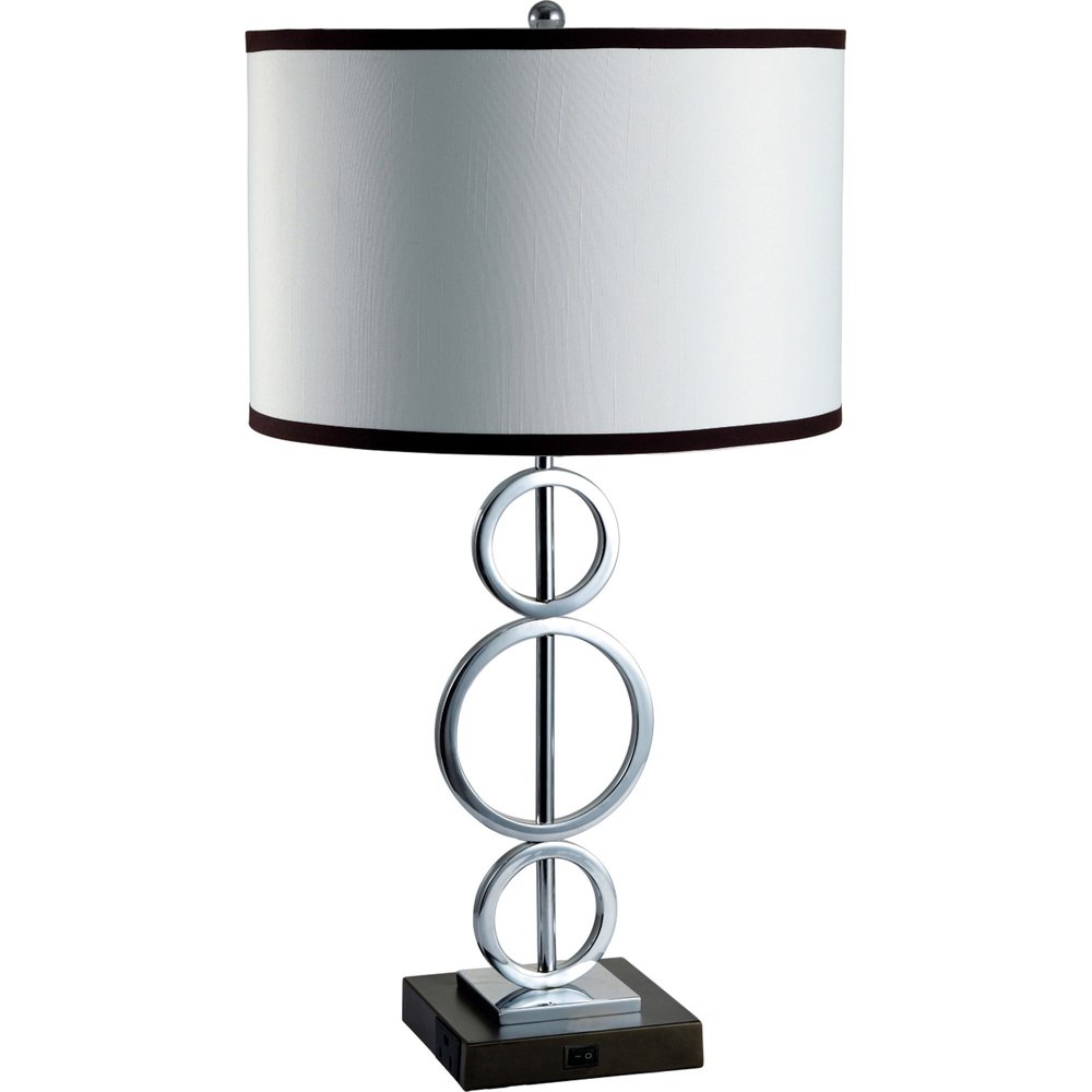 29" Silver Metal Bedside Geo Table Lamp With White and Black Trim Classic Drum Shade. Table lamp isolated on a plain white background, in a silver metal finish.