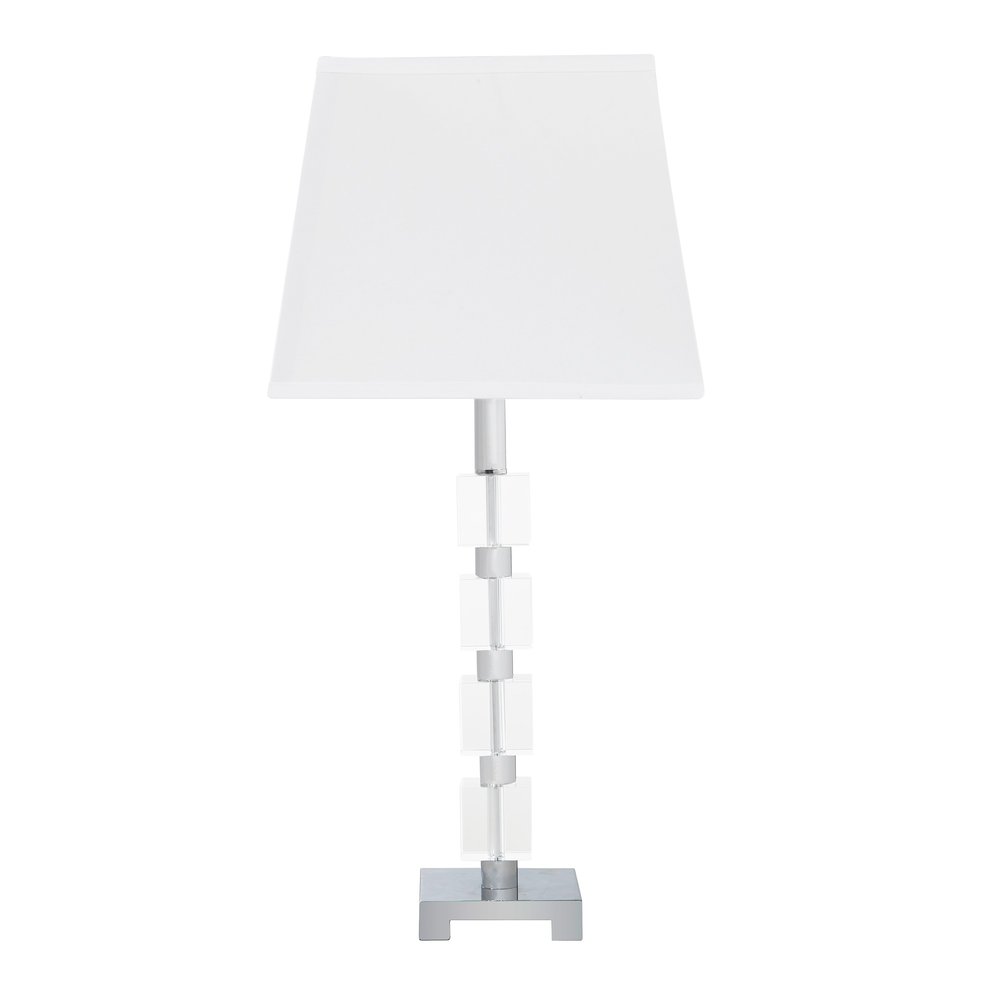 25" Crystal Geo Cubed Table Lamp With White Sharp Corner Square Tapered Shade. Table lamp isolated on a plain white background, finished in white crystal.