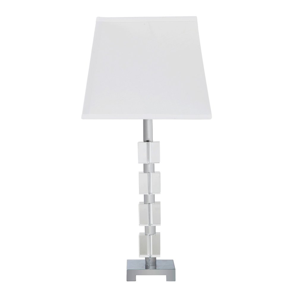 25" Crystal Geo Cubed Table Lamp With White Sharp Corner Square Tapered Shade. Table lamp isolated on a plain white background, in a white crystal finish.