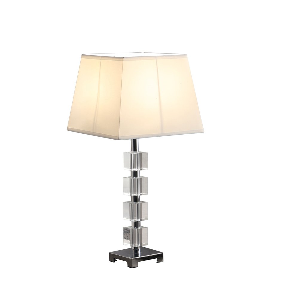 25" Crystal Geo Cubed Table Lamp With White Sharp Corner Square Tapered Shade. Table lamp isolated on a plain white background, showing a white crystal surface.