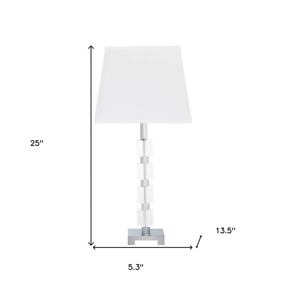 25" Crystal Geo Cubed Table Lamp With White Sharp Corner Square Tapered Shade. Table lamp isolated on a plain white background, finished in white crystal.