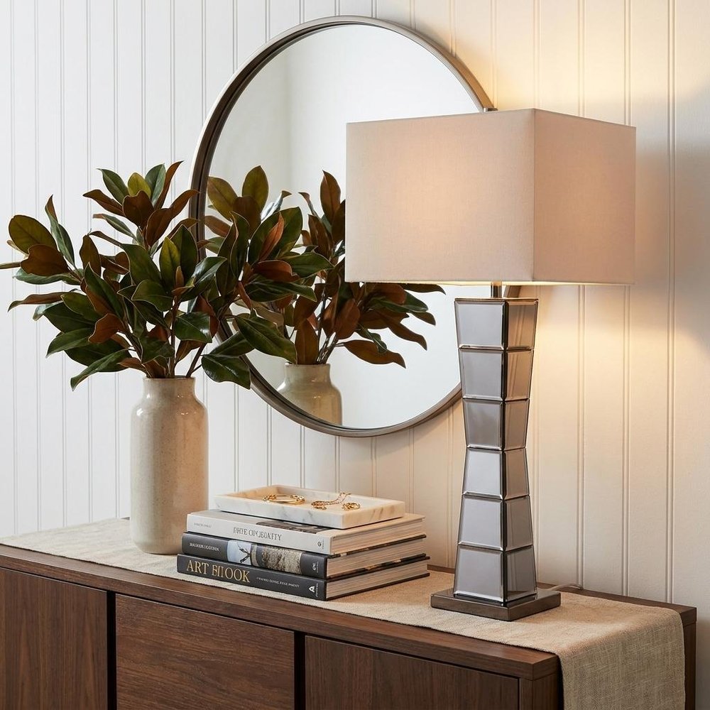 Black Glass Tower Table Lamp with Beige Fabric Shade