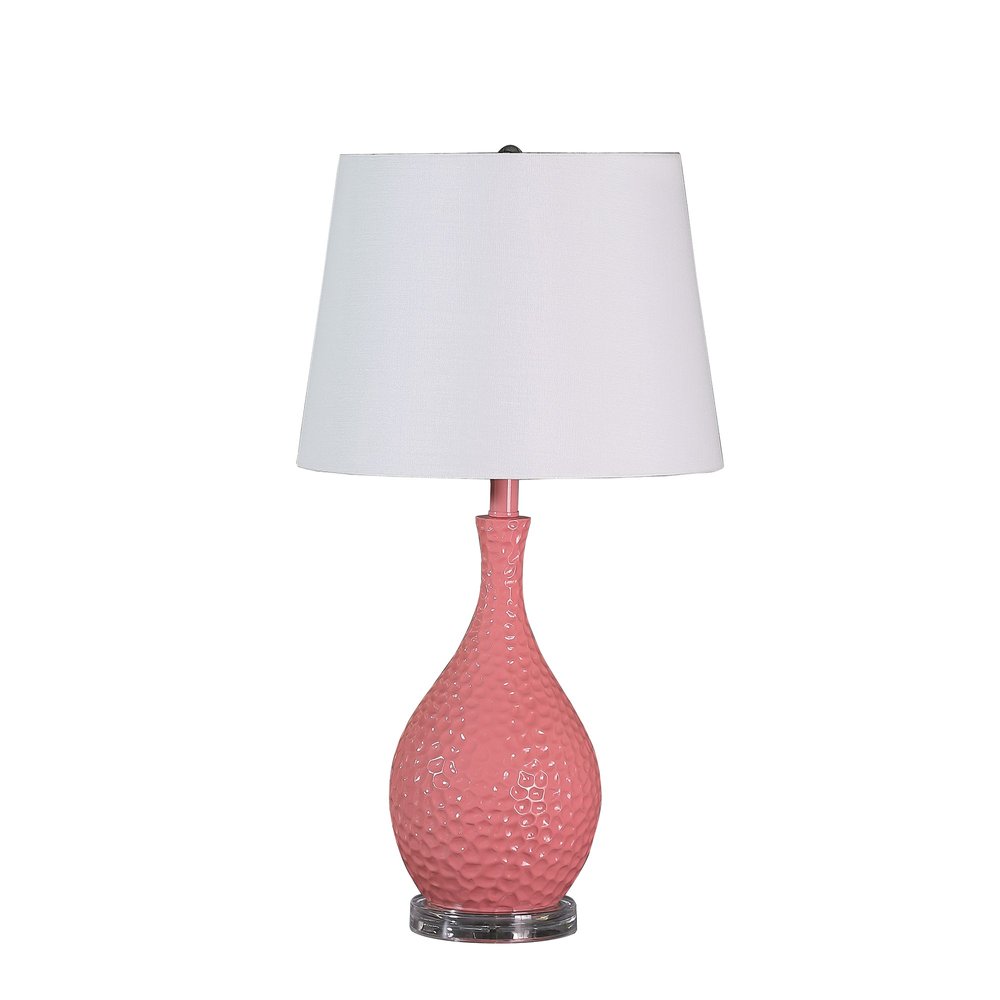 28" Pink Hammered Urn Table Lamp With White Tapered Drum Shade. Table lamp isolated on a plain white background, finished in white.