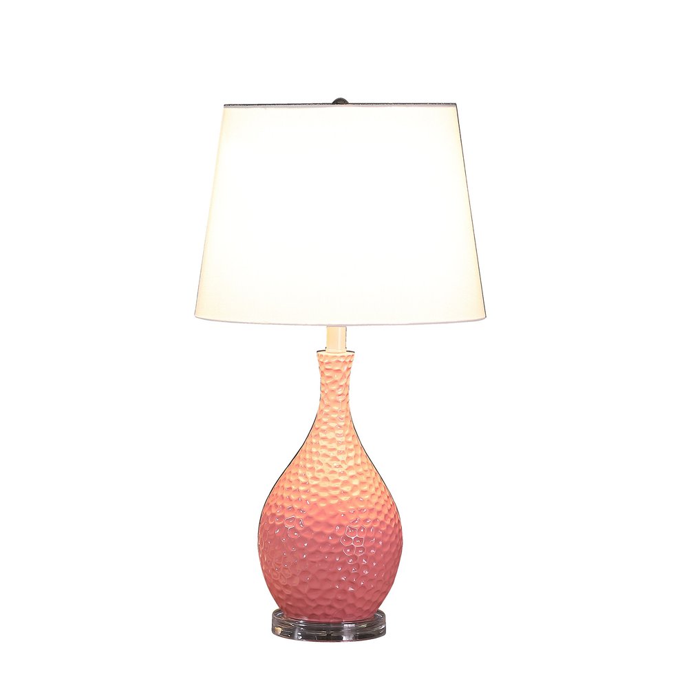 28" Pink Hammered Urn Table Lamp With White Tapered Drum Shade. Table lamp isolated on a plain white background, in a white finish.