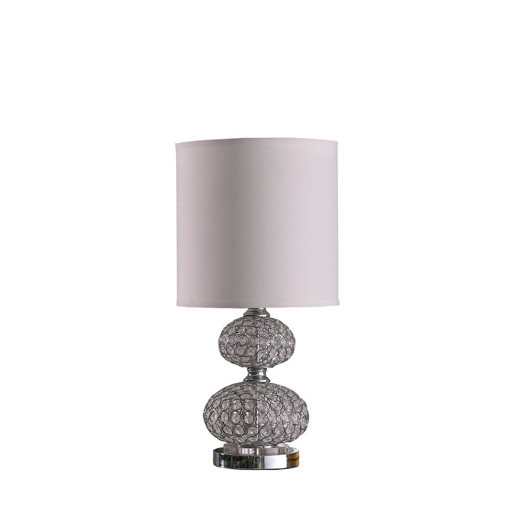 24" Chrome and Faux Crystal Double Orb Table Lamp With White Classic Drum Shade. Table lamp isolated on a plain white background, showing a white crystal surface.