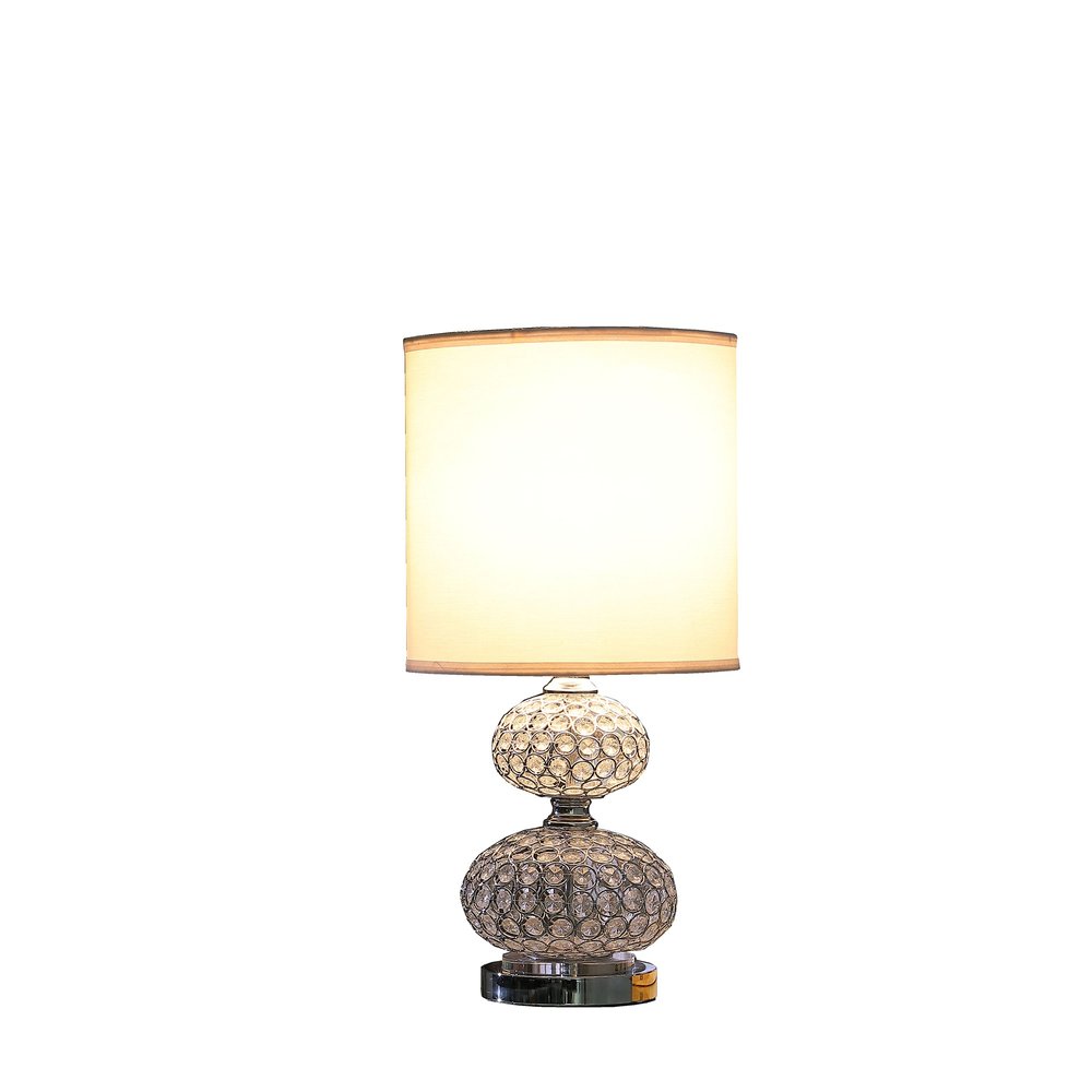 24" Chrome and Faux Crystal Double Orb Table Lamp With White Classic Drum Shade. Table lamp isolated on a plain white background, in a white crystal finish.