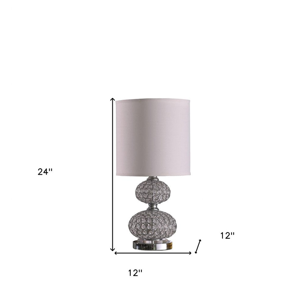 24" Chrome and Faux Crystal Double Orb Table Lamp With White Classic Drum Shade. Table lamp isolated on a plain white background, finished in white crystal.