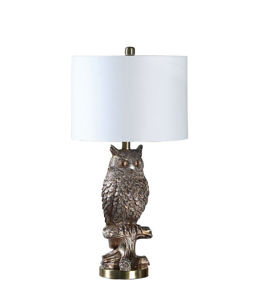 28” Antiqued Silver Resin Owl Table or Desk Lamp. Lamp isolated on a plain white background, in a silver resin finish.