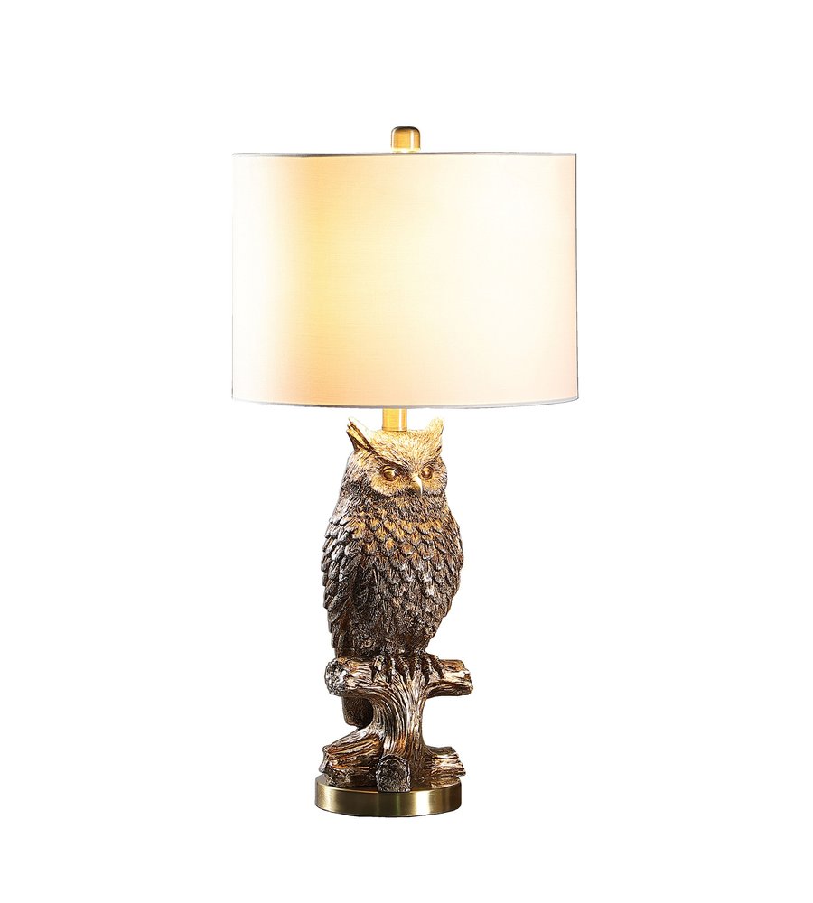28” Antiqued Silver Resin Owl Table or Desk Lamp. Lamp isolated on a plain white background, showing a resin surface.
