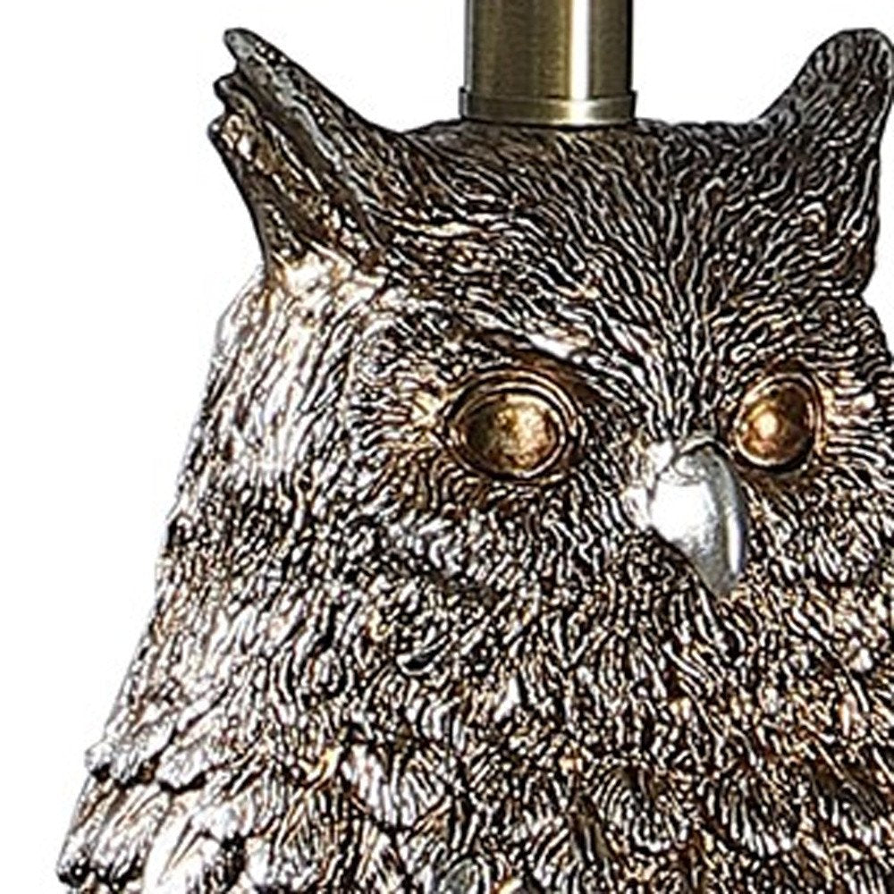 28” Antiqued Silver Resin Owl Table or Desk Lamp. Lamp in silver resin.