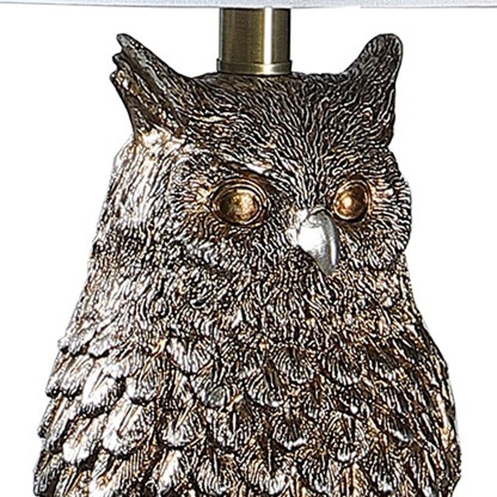 28” Antiqued Silver Resin Owl Table or Desk Lamp. Lamp isolated on a plain white background, finished in silver resin.