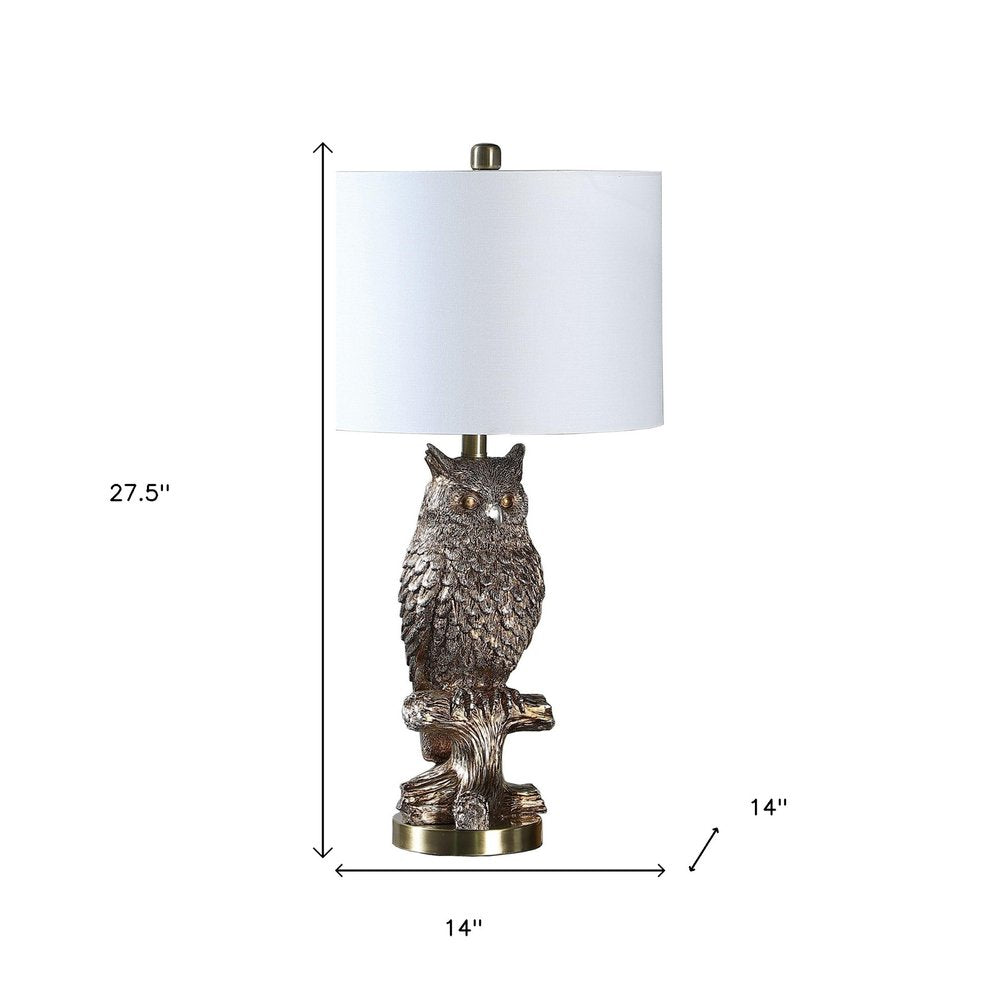 28” Antiqued Silver Resin Owl Table or Desk Lamp. Lamp isolated on a plain white background, showing a silver resin surface.