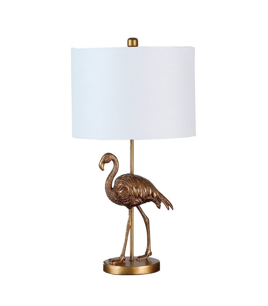 26" Gold Flamingo Table Lamp With White Drum Shade. Table lamp isolated on a plain white background, in a gold finish.