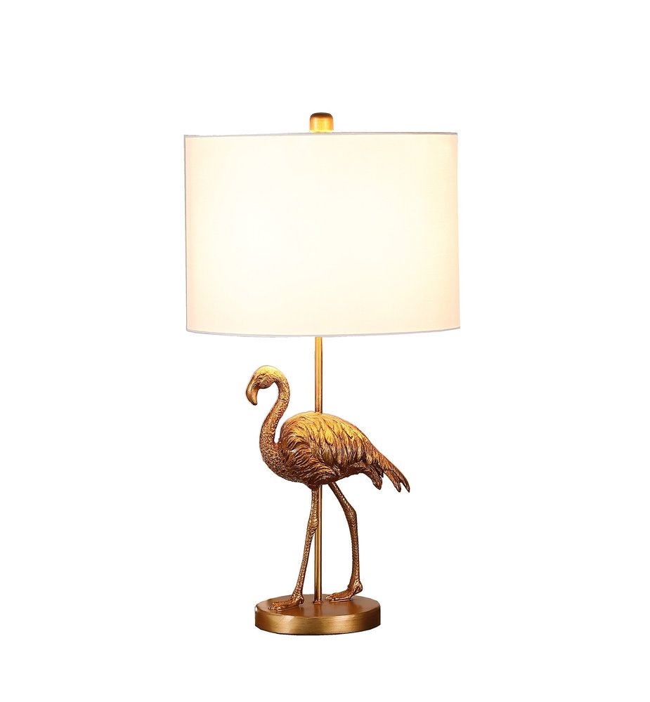 26" Gold Flamingo Table Lamp With White Drum Shade. Table lamp isolated on a plain white background, showing its white color.