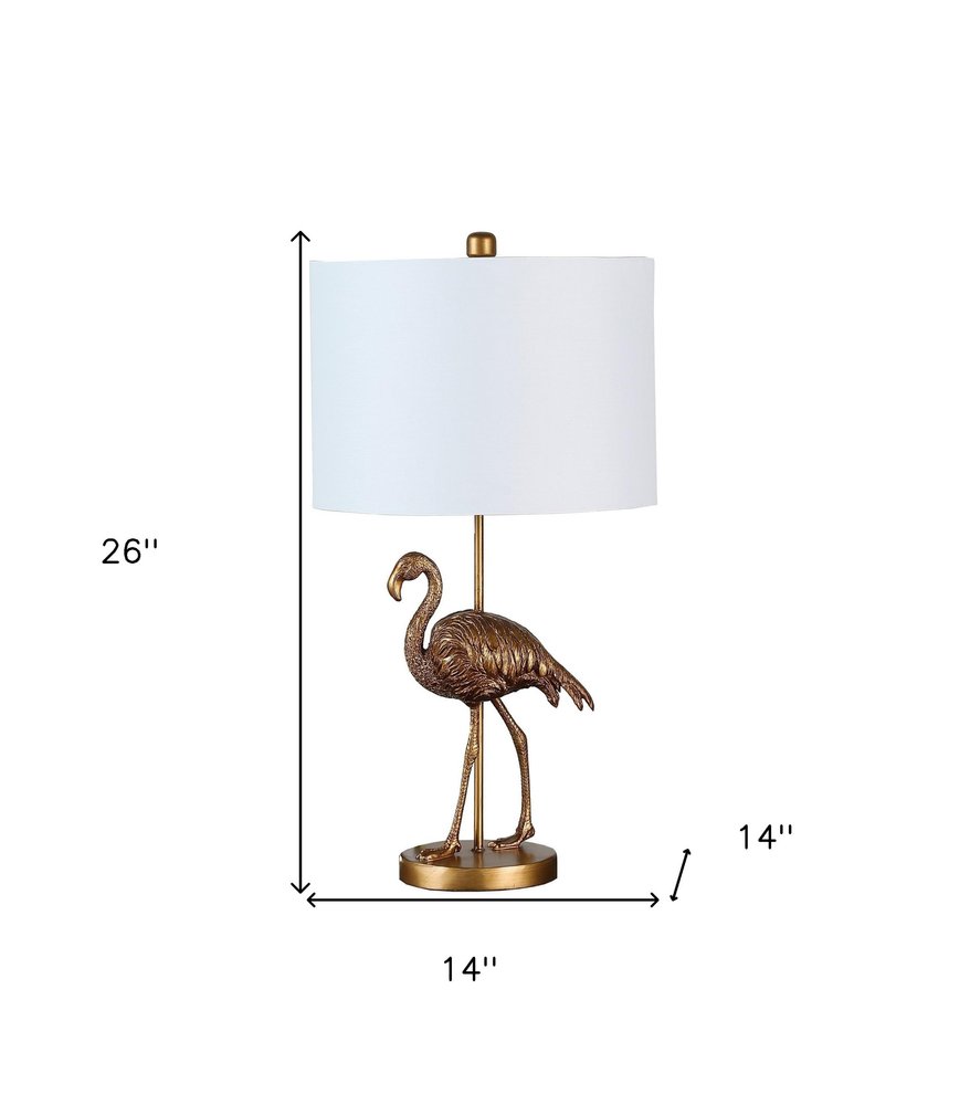 26" Gold Flamingo Table Lamp With White Drum Shade. Table lamp isolated on a plain white background, in a white finish.