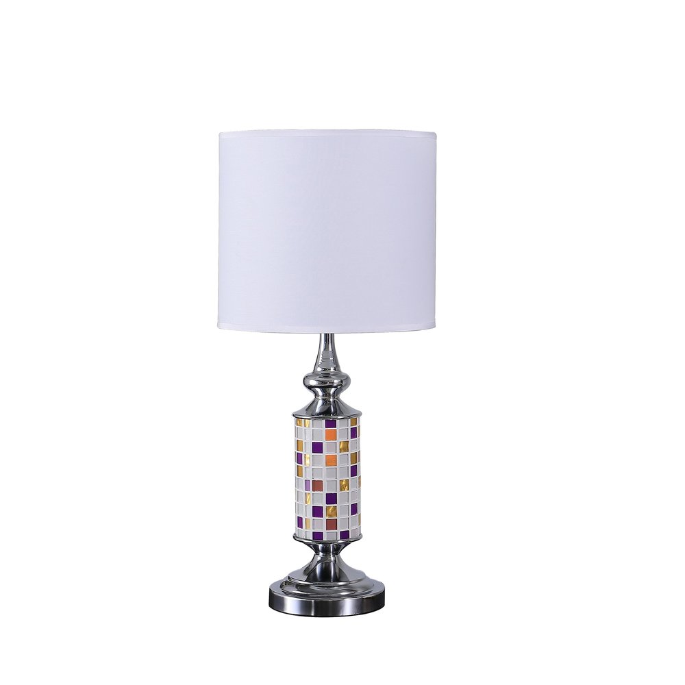 24" Silver Bedside Table Lamp With White Drum Shade. Table lamp isolated on a plain white background, showing its silver color.