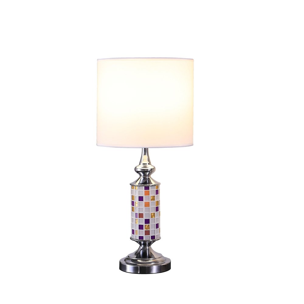 24" Silver Bedside Table Lamp With White Drum Shade. Table lamp isolated on a plain white background, in a silver finish.